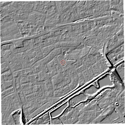 Shaded relief map of the ground around BS226RW, computed from Environment Agency LiDAR. The ground here sits at about 5 m above sea level and falls 9 m across the surrounding 800 m. Surface water reaching this point runs off ground lying to the west-south-west, 1.0 m higher.