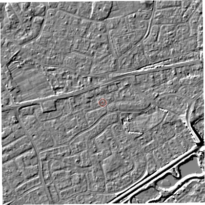 Shaded relief map of the ground around BS226RX, computed from Environment Agency LiDAR. The ground here sits at about 5 m above sea level and falls 7 m across the surrounding 800 m. Surface water reaching this point runs off ground lying to the west, 0.9 m higher.