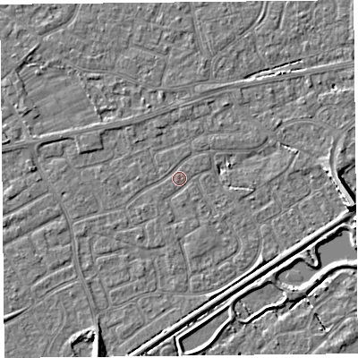 Shaded relief map of the ground around BS226RY, computed from Environment Agency LiDAR. The ground here sits at about 6 m above sea level and falls 7 m across the surrounding 800 m. Surface water reaching this point runs off ground lying to the west-north-west, 2.0 m higher.
