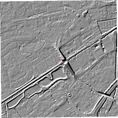 Shaded relief map of the ground around BS226SB, computed from Environment Agency LiDAR. The ground here sits at about 5 m above sea level and falls 9 m across the surrounding 800 m. Surface water reaching this point runs off ground lying to the east, 6.3 m higher.