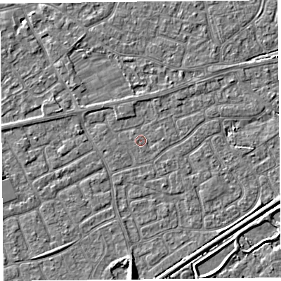 Shaded relief map of the ground around BS226SE, computed from Environment Agency LiDAR. The ground here sits at about 6 m above sea level and falls 5 m across the surrounding 800 m. Surface water reaching this point runs off ground lying to the east, 0.7 m higher.