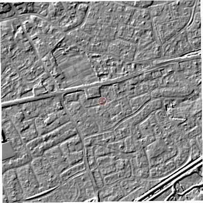 Shaded relief map of the ground around BS226SF, computed from Environment Agency LiDAR. The ground here sits at about 6 m above sea level and falls 5 m across the surrounding 800 m. Surface water reaching this point runs off ground lying to the west-north-west, 1.0 m higher.