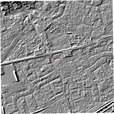 Shaded relief map of the ground around BS226SG, computed from Environment Agency LiDAR. The ground here sits at about 6 m above sea level and falls 7 m across the surrounding 800 m. Surface water reaching this point runs off ground lying to the east-north-east, 0.9 m higher.