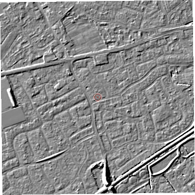 Shaded relief map of the ground around BS226SH, computed from Environment Agency LiDAR. The ground here sits at about 6 m above sea level and falls 7 m across the surrounding 800 m. The ground contributing surface water to this point lies to the north.