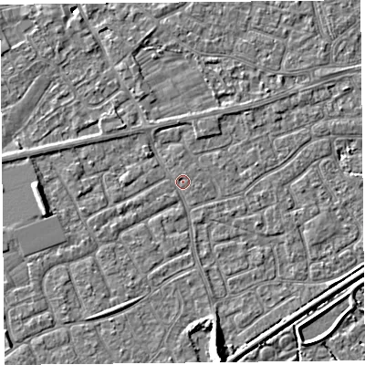 Shaded relief map of the ground around BS226SJ, computed from Environment Agency LiDAR. The ground here sits at about 6 m above sea level and falls 7 m across the surrounding 800 m. Surface water reaching this point runs off ground lying to the north-west, 1.1 m higher.