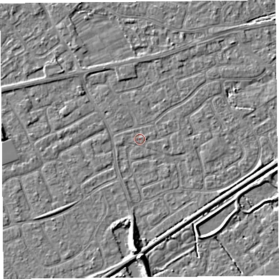Shaded relief map of the ground around BS226SN, computed from Environment Agency LiDAR. The ground here sits at about 6 m above sea level and falls 7 m across the surrounding 800 m. The ground contributing surface water to this point lies to the north-east.