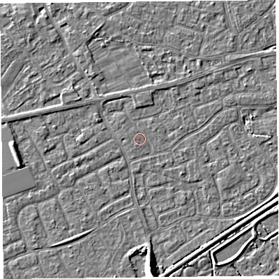 Shaded relief map of the ground around BS226SQ, computed from Environment Agency LiDAR. The ground here sits at about 6 m above sea level and falls 7 m across the surrounding 800 m. Surface water reaching this point runs off ground lying to the north, 1.0 m higher.