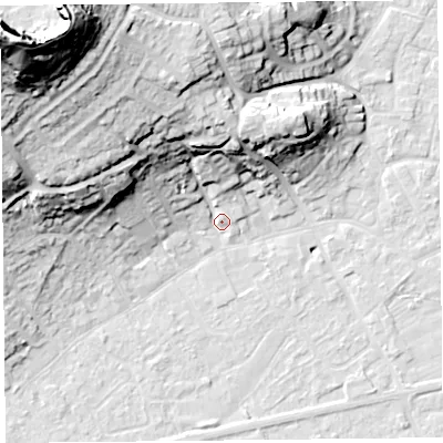 Shaded relief map of the ground around BS226TU, computed from Environment Agency LiDAR. The ground here sits at about 7 m above sea level and falls 64 m across the surrounding 800 m. Surface water reaching this point runs off ground lying to the north-west, 31.1 m higher.