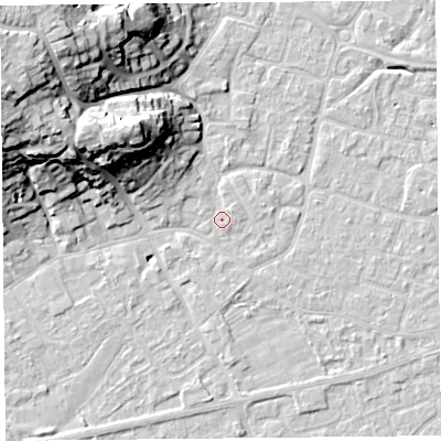 Shaded relief map of the ground around BS226UA, computed from Environment Agency LiDAR. The ground here sits at about 6 m above sea level and falls 26 m across the surrounding 800 m. Surface water reaching this point runs off ground lying to the north-north-east, 0.6 m higher.