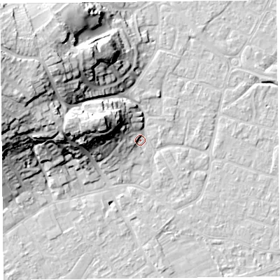 Shaded relief map of the ground around BS226UB, computed from Environment Agency LiDAR. The ground here sits at about 6 m above sea level and falls 28 m across the surrounding 800 m. Surface water reaching this point runs off ground lying to the west-north-west, 25.9 m higher.