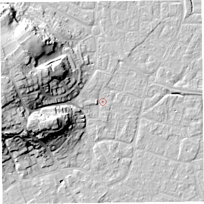Shaded relief map of the ground around BS226UD, computed from Environment Agency LiDAR. The ground here sits at about 6 m above sea level and falls 26 m across the surrounding 800 m. Surface water reaching this point runs off ground lying to the west, 2.7 m higher.