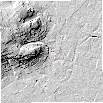 Shaded relief map of the ground around BS226UE, computed from Environment Agency LiDAR. The ground here sits at about 6 m above sea level and falls 27 m across the surrounding 800 m. Surface water reaching this point runs off ground lying to the west-north-west, 24.7 m higher.