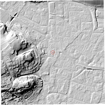 Shaded relief map of the ground around BS226UL, computed from Environment Agency LiDAR. The ground here sits at about 6 m above sea level and falls 25 m across the surrounding 800 m. Surface water reaching this point runs off ground lying to the east-north-east, 1.0 m higher.