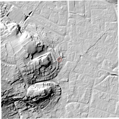 Shaded relief map of the ground around BS226UN, computed from Environment Agency LiDAR. The ground here sits at about 7 m above sea level and falls 28 m across the surrounding 800 m. Surface water reaching this point runs off ground lying to the west-south-west, 13.5 m higher.