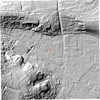 Shaded relief map of the ground around BS226UP, computed from Environment Agency LiDAR. The ground here sits at about 6 m above sea level and falls 31 m across the surrounding 800 m. Surface water reaching this point runs off ground lying to the west-south-west, 29.4 m higher.