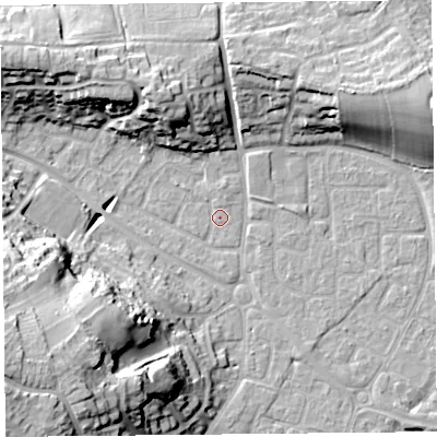 Shaded relief map of the ground around BS226UR, computed from Environment Agency LiDAR. The ground here sits at about 6 m above sea level and falls 27 m across the surrounding 800 m. Surface water reaching this point runs off ground lying to the south-west, 27.0 m higher.