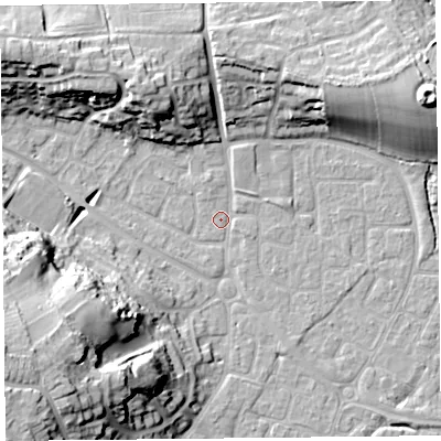 Shaded relief map of the ground around BS226US, computed from Environment Agency LiDAR. The ground here sits at about 6 m above sea level and falls 26 m across the surrounding 800 m. Surface water reaching this point runs off ground lying to the west-south-west, 26.0 m higher.