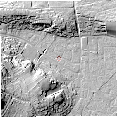 Shaded relief map of the ground around BS226UT, computed from Environment Agency LiDAR. The ground here sits at about 6 m above sea level and falls 40 m across the surrounding 800 m. Surface water reaching this point runs off ground lying to the west-south-west, 36.2 m higher.