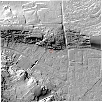 Shaded relief map of the ground around BS226UU, computed from Environment Agency LiDAR. The ground here sits at about 6 m above sea level and falls 33 m across the surrounding 800 m. Surface water reaching this point runs off ground lying to the north-north-west, 13.0 m higher.