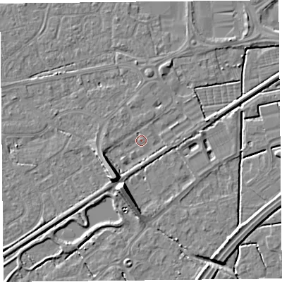 Shaded relief map of the ground around BS226WA, computed from Environment Agency LiDAR. The ground here sits at about 6 m above sea level and falls 9 m across the surrounding 800 m. Surface water reaching this point runs off ground lying to the south-west, 7.0 m higher.