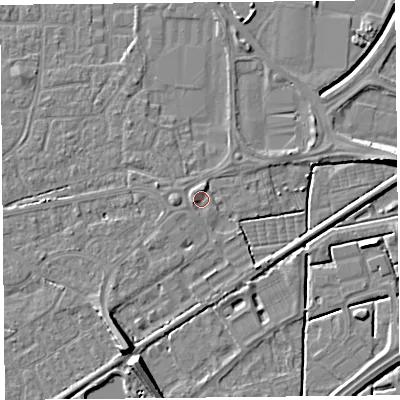Shaded relief map of the ground around BS226WE, computed from Environment Agency LiDAR. The ground here sits at about 6 m above sea level and falls 9 m across the surrounding 800 m. Surface water reaching this point runs off ground lying to the west, 1.7 m higher.