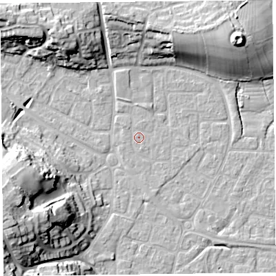 Shaded relief map of the ground around BS226XG, computed from Environment Agency LiDAR. The ground here sits at about 6 m above sea level and falls 25 m across the surrounding 800 m. Surface water reaching this point runs off ground lying to the west-south-west, 24.6 m higher.