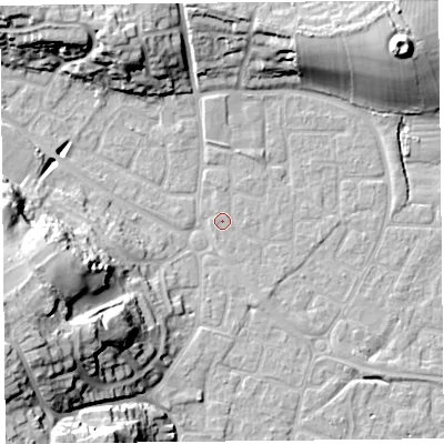 Shaded relief map of the ground around BS226XP, computed from Environment Agency LiDAR. The ground here sits at about 6 m above sea level and falls 25 m across the surrounding 800 m. Surface water reaching this point runs off ground lying to the west-south-west, 25.2 m higher.