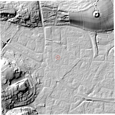 Shaded relief map of the ground around BS226XR, computed from Environment Agency LiDAR. The ground here sits at about 6 m above sea level and falls 24 m across the surrounding 800 m. The ground contributing surface water to this point lies to the south.