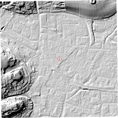 Shaded relief map of the ground around BS226XX, computed from Environment Agency LiDAR. The ground here sits at about 6 m above sea level and falls 23 m across the surrounding 800 m. Surface water reaching this point runs off ground lying to the south-south-west, 0.8 m higher.