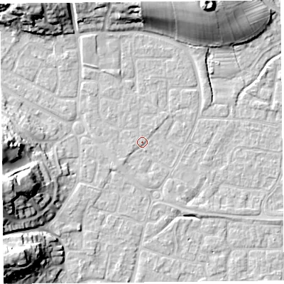 Shaded relief map of the ground around BS226XY, computed from Environment Agency LiDAR. The ground here sits at about 6 m above sea level and falls 20 m across the surrounding 800 m. Surface water reaching this point runs off ground lying to the west-south-west, 18.8 m higher.