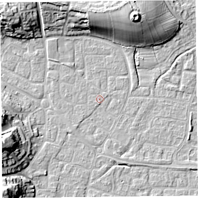 Shaded relief map of the ground around BS226XZ, computed from Environment Agency LiDAR. The ground here sits at about 6 m above sea level and falls 19 m across the surrounding 800 m. The ground contributing surface water to this point lies to the south.