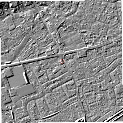 Shaded relief map of the ground around BS226YA, computed from Environment Agency LiDAR. The ground here sits at about 6 m above sea level and falls 6 m across the surrounding 800 m. Surface water reaching this point runs off ground lying to the south, 1.1 m higher.