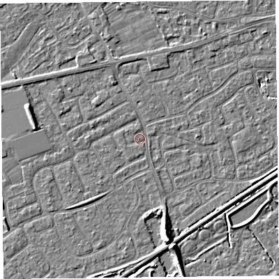Shaded relief map of the ground around BS226YB, computed from Environment Agency LiDAR. The ground here sits at about 5 m above sea level and falls 7 m across the surrounding 800 m. Surface water reaching this point runs off ground lying to the north-north-west, 1.2 m higher.