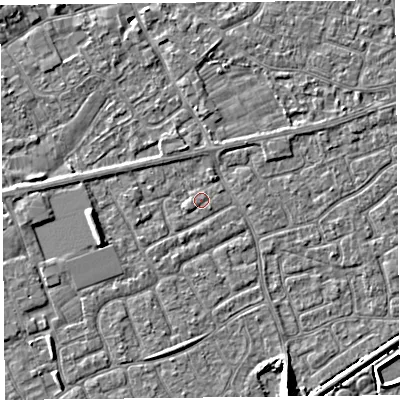 Shaded relief map of the ground around BS226YG, computed from Environment Agency LiDAR. The ground here sits at about 6 m above sea level and falls 6 m across the surrounding 800 m. Surface water reaching this point runs off ground lying to the north, 0.7 m higher.