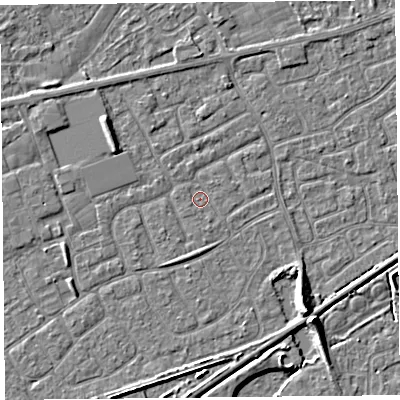 Shaded relief map of the ground around BS226YU, computed from Environment Agency LiDAR. The ground here sits at about 5 m above sea level and falls 7 m across the surrounding 800 m. Surface water reaching this point runs off ground lying to the north, 0.7 m higher.