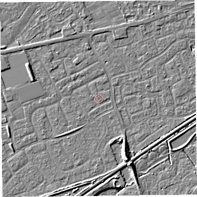 Shaded relief map of the ground around BS226YW, computed from Environment Agency LiDAR. The ground here sits at about 6 m above sea level and falls 7 m across the surrounding 800 m. The ground contributing surface water to this point lies to the north-north-west.