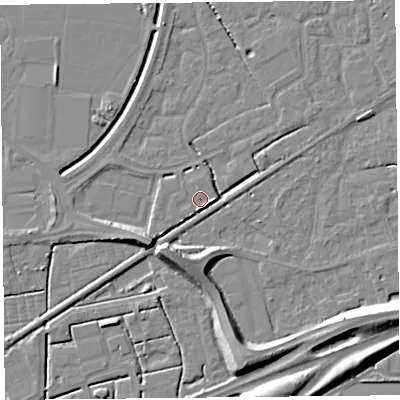 Shaded relief map of the ground around BS227AA, computed from Environment Agency LiDAR. The ground here sits at about 6 m above sea level and falls 10 m across the surrounding 800 m. Surface water reaching this point runs off ground lying to the south-east, 1.7 m higher.