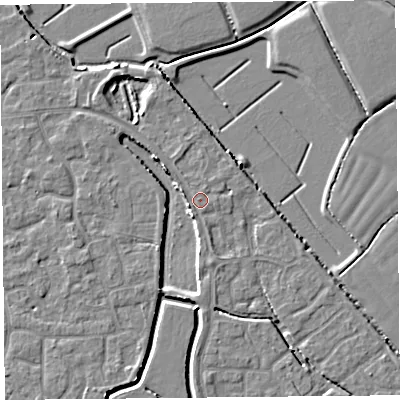 Shaded relief map of the ground around BS227AB, computed from Environment Agency LiDAR. The ground here sits at about 7 m above sea level and falls 4 m across the surrounding 800 m. Surface water reaching this point runs off ground lying to the north-west, 1.6 m higher.