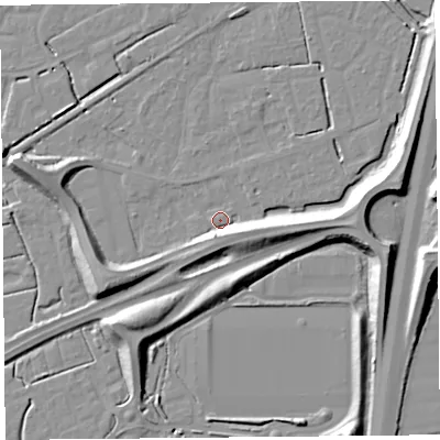 Shaded relief map of the ground around BS227AD, computed from Environment Agency LiDAR. The ground here sits at about 6 m above sea level and falls 11 m across the surrounding 800 m. Surface water reaching this point runs off ground lying to the west-south-west, 7.9 m higher.