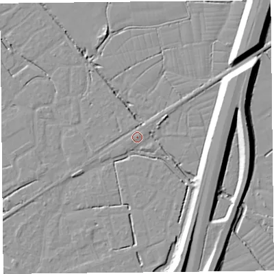 Shaded relief map of the ground around BS227AE, computed from Environment Agency LiDAR. The ground here sits at about 6 m above sea level and falls 10 m across the surrounding 800 m. Surface water reaching this point runs off ground lying to the north-east, 1.4 m higher.