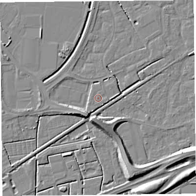 Shaded relief map of the ground around BS227AF, computed from Environment Agency LiDAR. The ground here sits at about 7 m above sea level and falls 10 m across the surrounding 800 m. Surface water reaching this point runs off ground lying to the south-south-west, 5.3 m higher.
