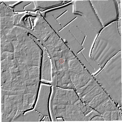Shaded relief map of the ground around BS227AH, computed from Environment Agency LiDAR. The ground here sits at about 6 m above sea level and falls 4 m across the surrounding 800 m. Surface water reaching this point runs off ground lying to the north-west, 2.2 m higher.