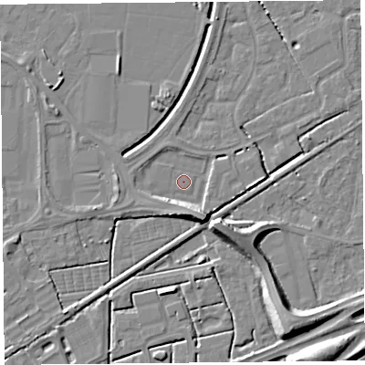 Shaded relief map of the ground around BS227BB, computed from Environment Agency LiDAR. The ground here sits at about 6 m above sea level and falls 10 m across the surrounding 800 m. Surface water reaching this point runs off ground lying to the south-south-east, 6.4 m higher.