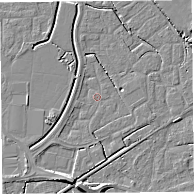 Shaded relief map of the ground around BS227BU, computed from Environment Agency LiDAR. The ground here sits at about 6 m above sea level and falls 8 m across the surrounding 800 m. Surface water reaching this point runs off ground lying to the south-south-west, 8.1 m higher.