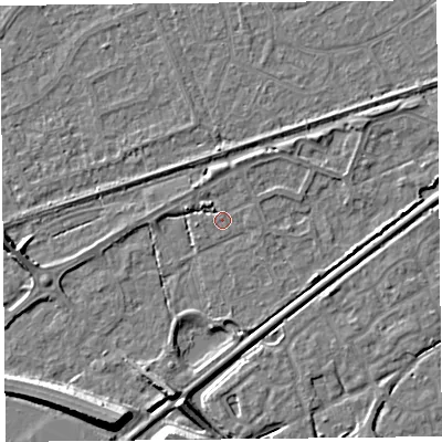 Shaded relief map of the ground around BS227DG, computed from Environment Agency LiDAR. The ground here sits at about 5 m above sea level and falls 9 m across the surrounding 800 m. Surface water reaching this point runs off ground lying to the south-south-west, 6.7 m higher.