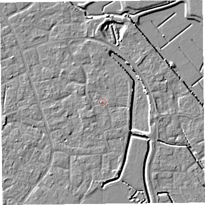 Shaded relief map of the ground around BS227DP, computed from Environment Agency LiDAR. The ground here sits at about 6 m above sea level and falls 4 m across the surrounding 800 m. Surface water reaching this point runs off ground lying to the south-west, 1.5 m higher.