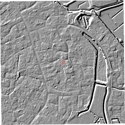 Shaded relief map of the ground around BS227DR, computed from Environment Agency LiDAR. The ground here sits at about 6 m above sea level and falls 4 m across the surrounding 800 m. Surface water reaching this point runs off ground lying to the north, 0.7 m higher.