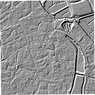 Shaded relief map of the ground around BS227DS, computed from Environment Agency LiDAR. The ground here sits at about 6 m above sea level and falls 4 m across the surrounding 800 m. Surface water reaching this point runs off ground lying to the south-south-east, 1.2 m higher.