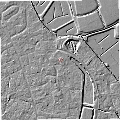 Shaded relief map of the ground around BS227DT, computed from Environment Agency LiDAR. The ground here sits at about 6 m above sea level and falls 4 m across the surrounding 800 m. Surface water reaching this point runs off ground lying to the south, 1.5 m higher.