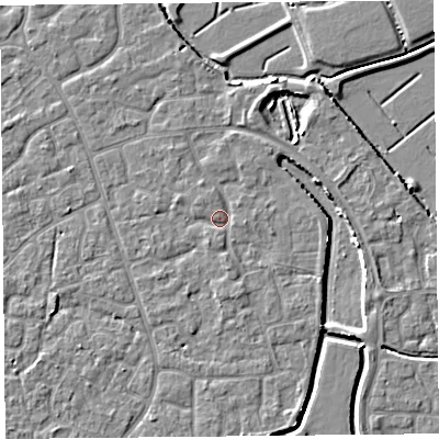 Shaded relief map of the ground around BS227DU, computed from Environment Agency LiDAR. The ground here sits at about 6 m above sea level and falls 4 m across the surrounding 800 m. Surface water reaching this point runs off ground lying to the south-south-west, 1.2 m higher.